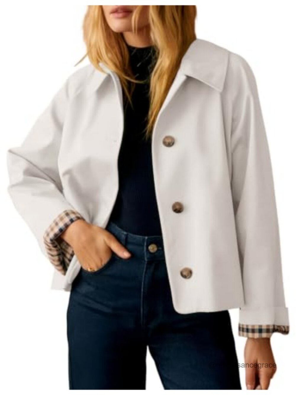 Cropped Trench Coat Button Down Casual Jacket with Pockets Plaid Lining